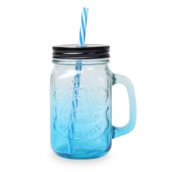 Drikkeglas med Låg og Sugerør – Blå – 450 ml