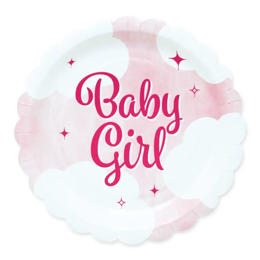 Formede Paptallerkener “Baby Girl” (8 stk – 19 cm) – Lyserød Bodysuit-design